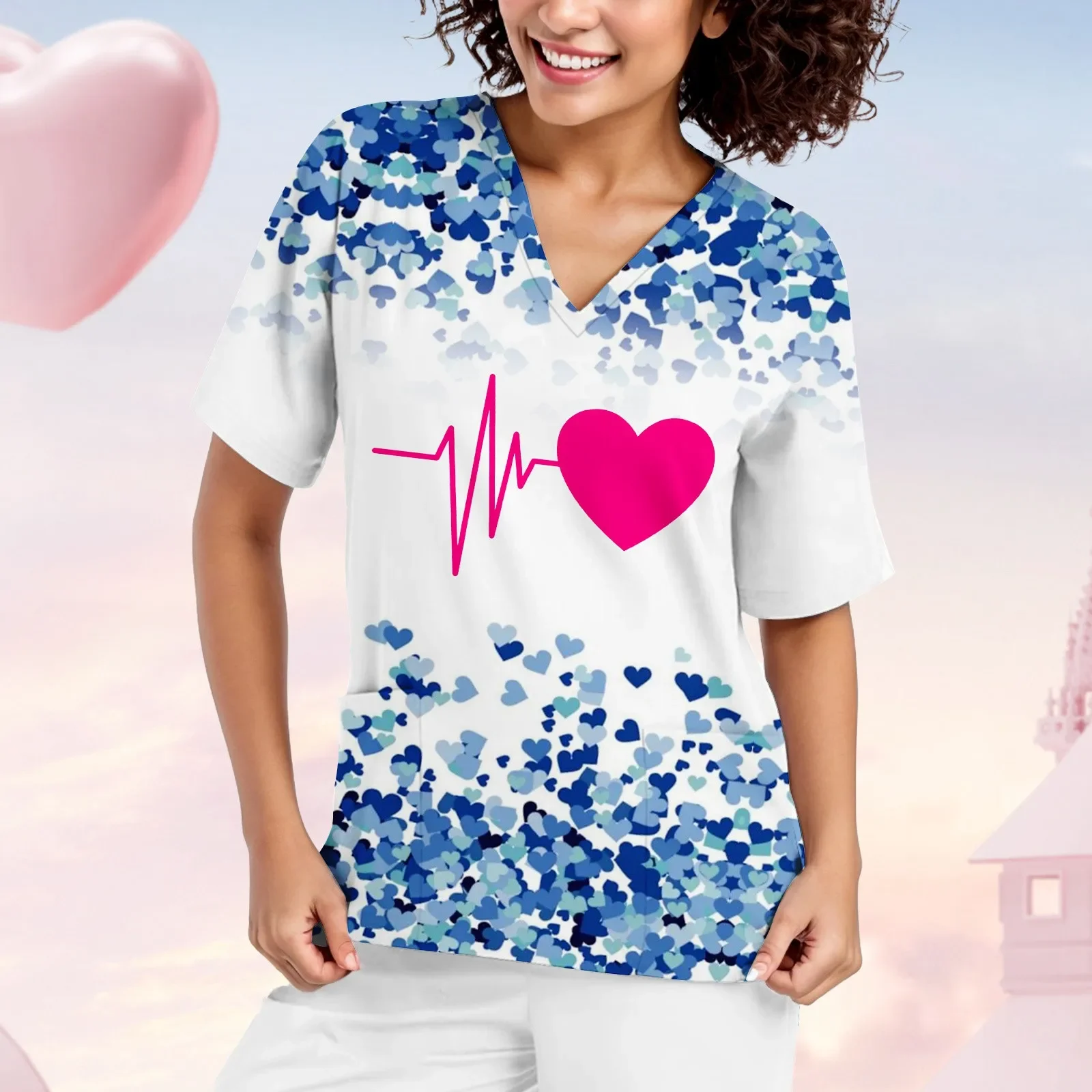 Womens Valentine\'s Day Nurse Uniforms Print Short Sleeve V Neck Workwear Working Nurse Work Wear Overalls Medical Uniforms