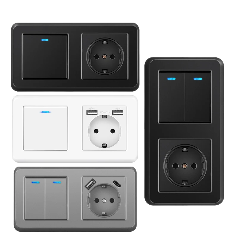 Nywp socket with toggle switch, 220v 16a wall socket with usb 157*86 glass panel with light switch 1gang 1/2/3way output