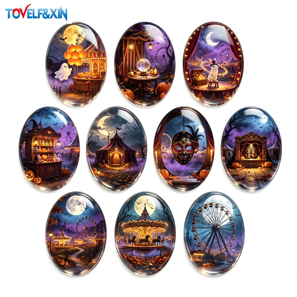 10pcs Halloween Oval Glass Cabochon 18x25mm Haunted Carnival Gothic Pumpkin Ghost DIY Jewelry Making Craft Supplies Flatback