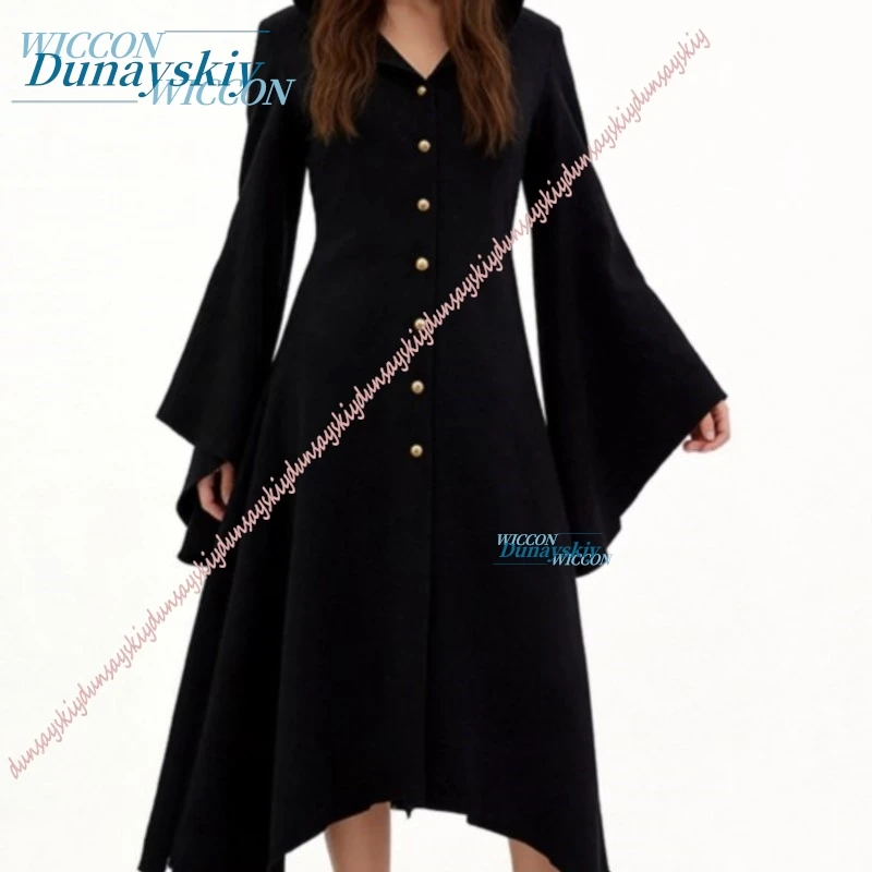 

Gothic Vampire Hooded Dress Bell Sleeve Coat Stage Performance Outfit Halloween Vampire Witch Asymmetrical Hem Cosplay Costume