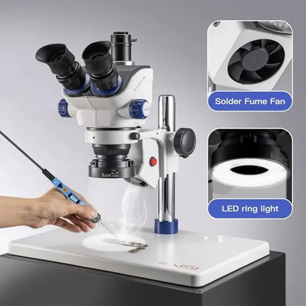 전문가용 삼안 납땜 현미경, 7X-50X 배율, WF10x23 접안 렌즈, LED 조명 연기 배기 선풍기, 합금강