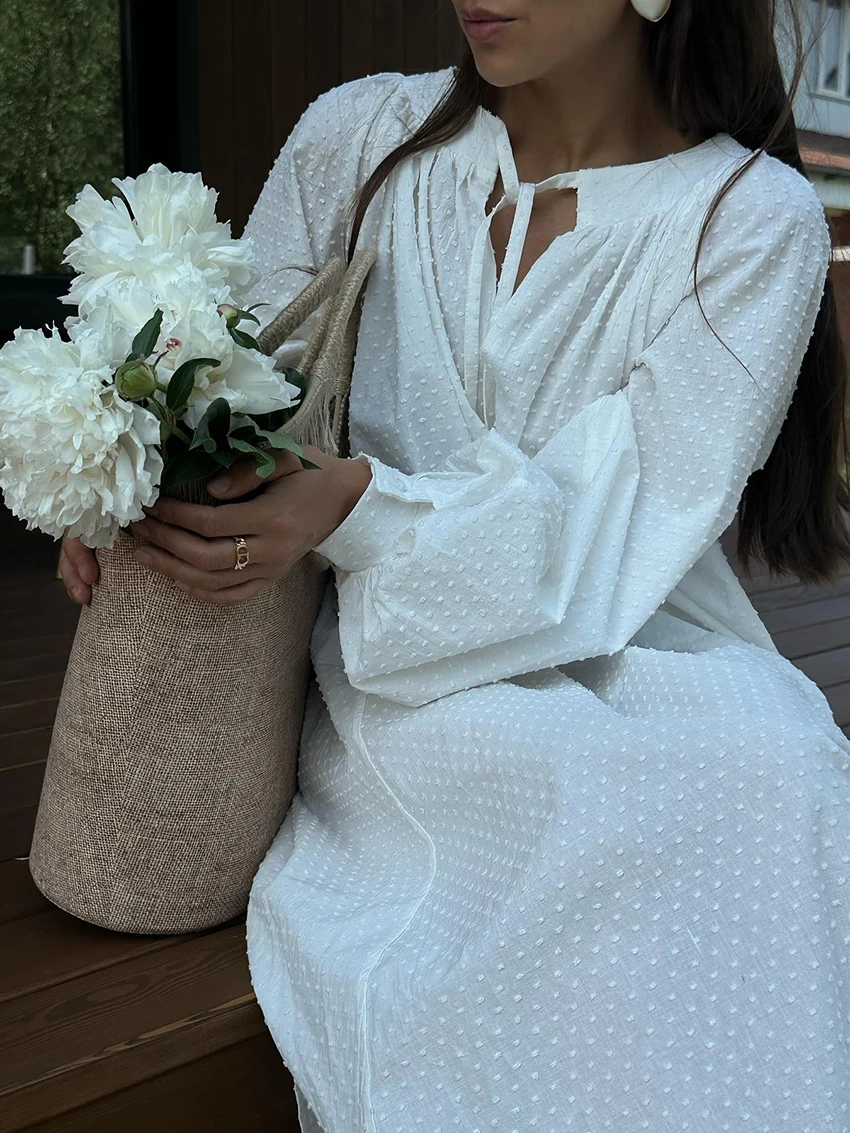 Marthaqiqi Cotton Female Nightgowns O-Neck Sleepwear Long Sleeve Nightwear Lace Up Pajama Ankle-Length Dress Casual Home Clothes