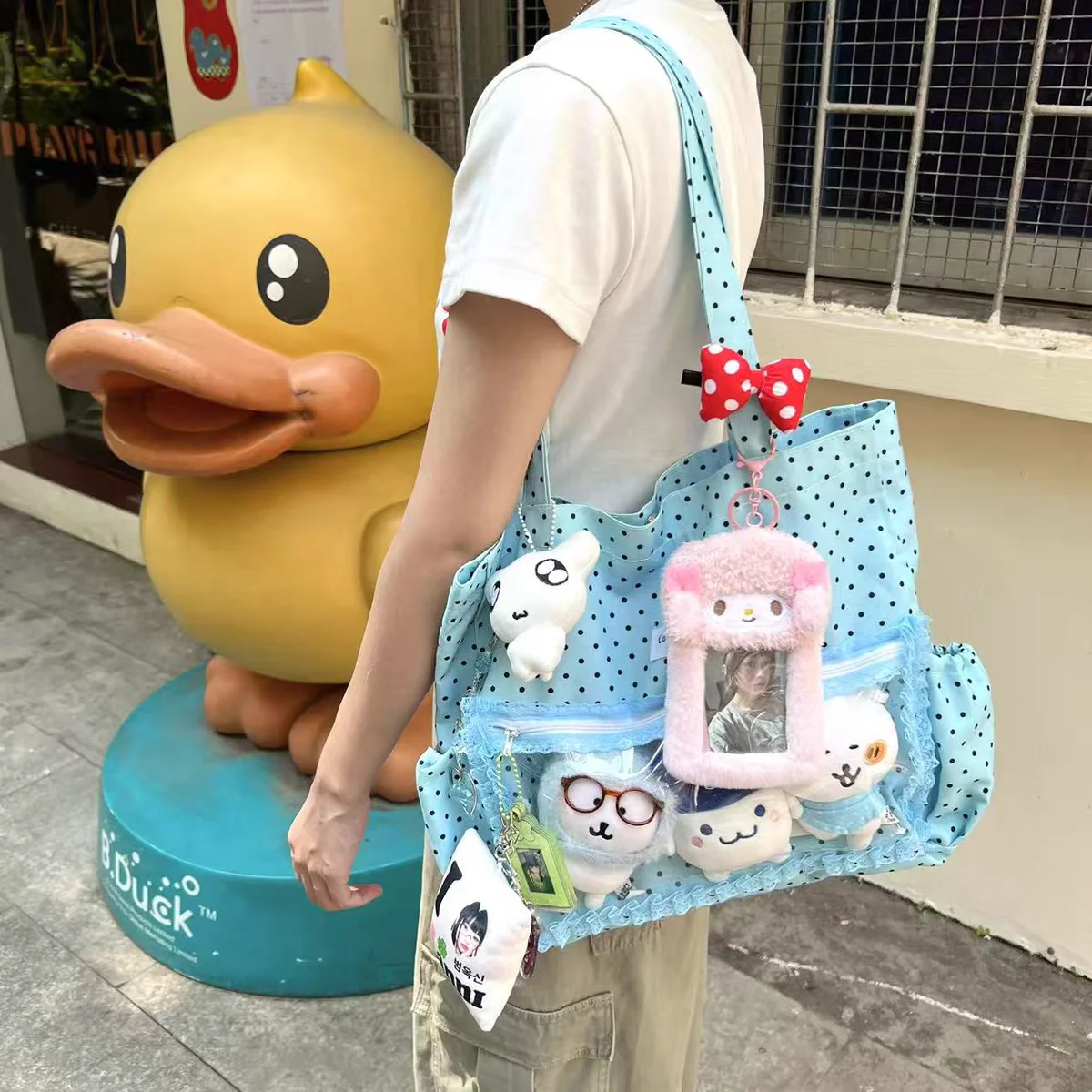 New Y2k Cute Ita Bag Girls Transparent Tote Bag Fashionable Large Capacity Polka Dot Canvas Shoulder Bag Casual Commuter Handbag