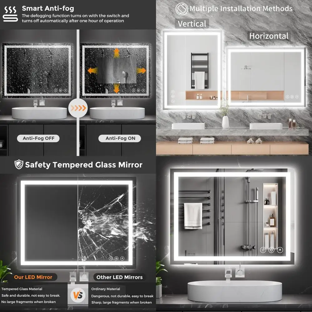 

36 LED Illuminated Bathroom Mirror, 3-Color, Dimmable, Anti-Fog, Tempered Glass