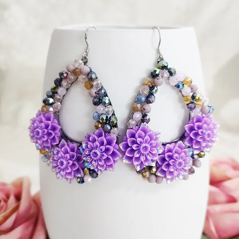 ZGMXR Rice bead earrings Water droplet Crystal Flower Hand weaving Bohemia Alloy Woman Fashion Simple Pattern Beaded earrings