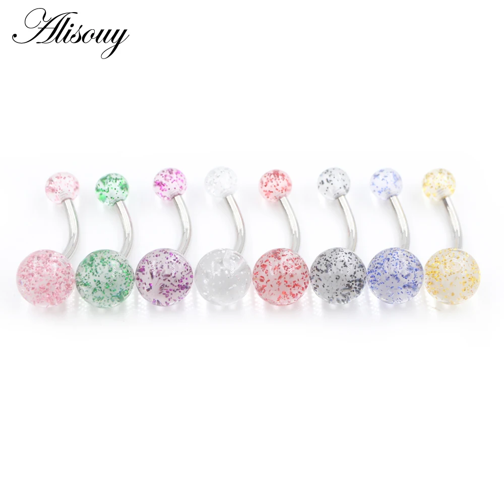 Alisouy 1PC 14G Glitter Powder Transparent Acrylic Bar Belly Navel Button Rings Piercing Nightclub Hot Girl Women Body Jewelry