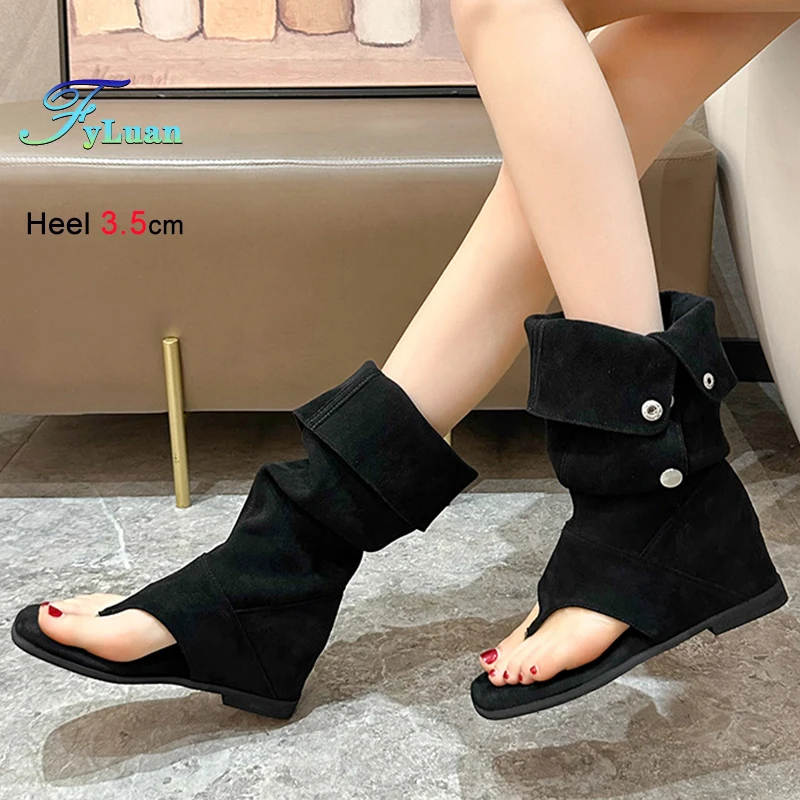 

Summer Black Women's Sandals Boots Thick Low Heels 3.5cm Square Toe Flat Shoes Retro Ladies Clip Toe Boots Anti Slip Female Sand