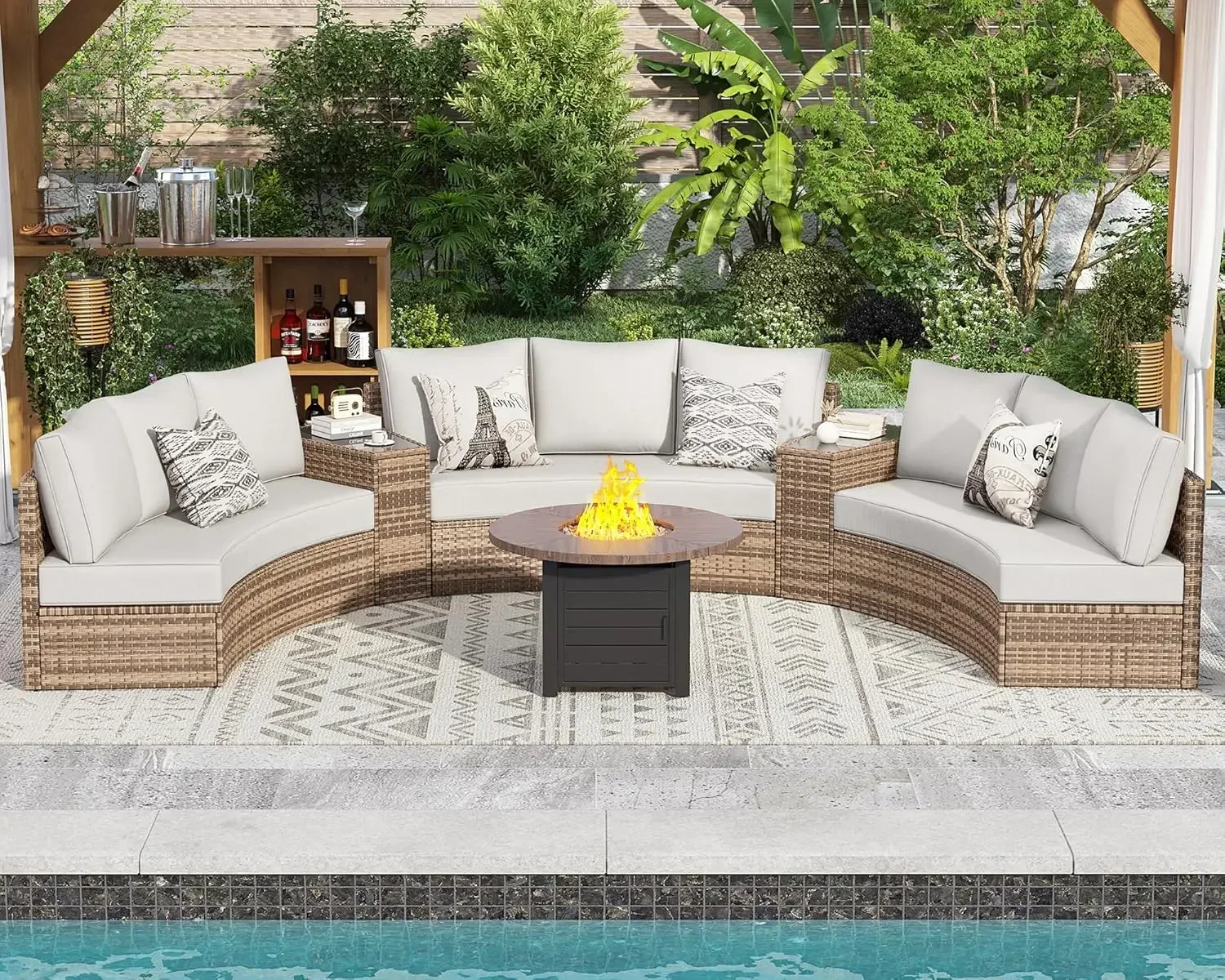 

L1218 Patio Conversation Set, 11 Piece Half-Moon Sectional Round Patio Furniture Set with Large Storage Wedge Table Wicker Sofa