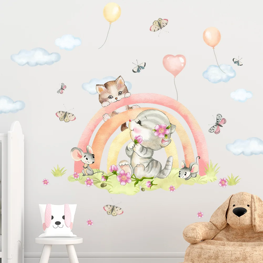 Cartoon Cute Cat Rainbow Balloon Wall Sticker Pink Baby Girl Wall Decals Heart Children's Bedroom Wallpaper Decor Self-Adhesive