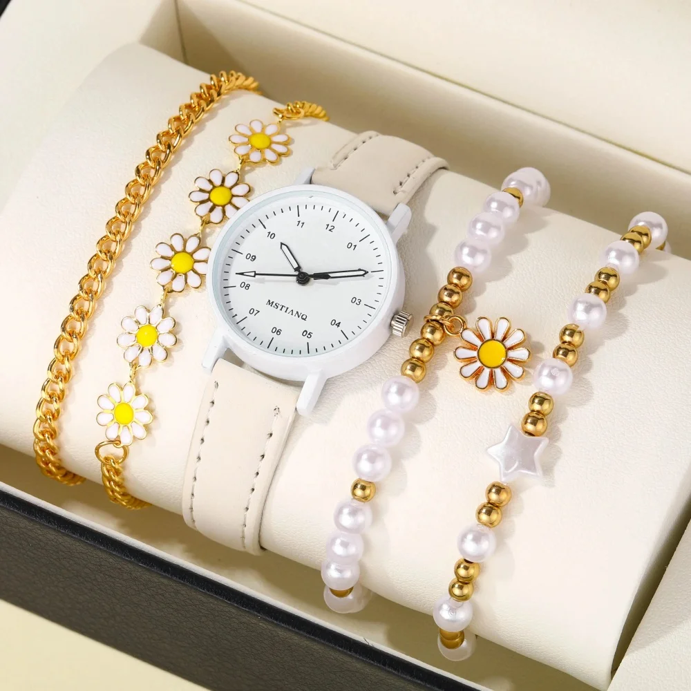 5pcs Set Of New Girls Lovely Creative Pentagram Daisy Pearl String Handmade Bracelet Watch Set Ladies' Watch