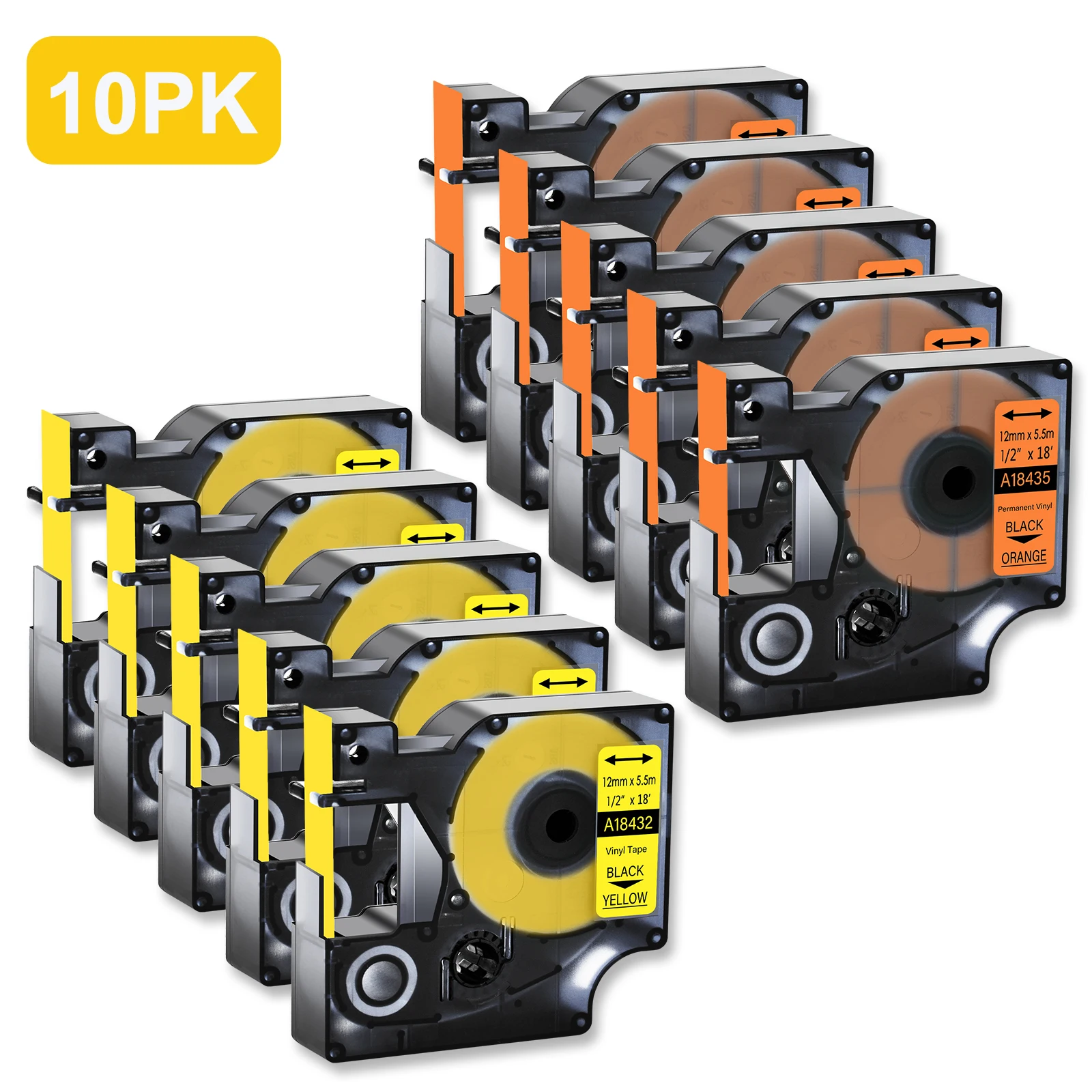 10PK Mixed Yellow and Orange Color Compatible For Dymo 18432 18435 9/12/19mm Vinyl Labels For Dymo Rhino 5200, 3M PL300 Printer