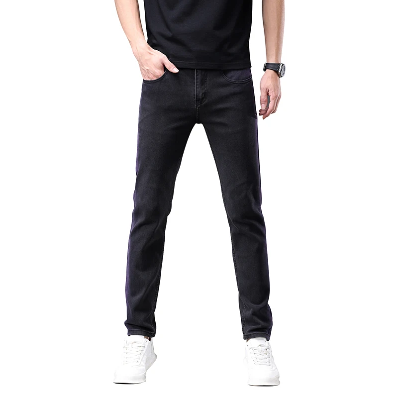 2024 Spring and Summer New Black Jeans Men's Stretch Slim-Fit Trendy Casual Personalized Side Line Design High-End Pants
