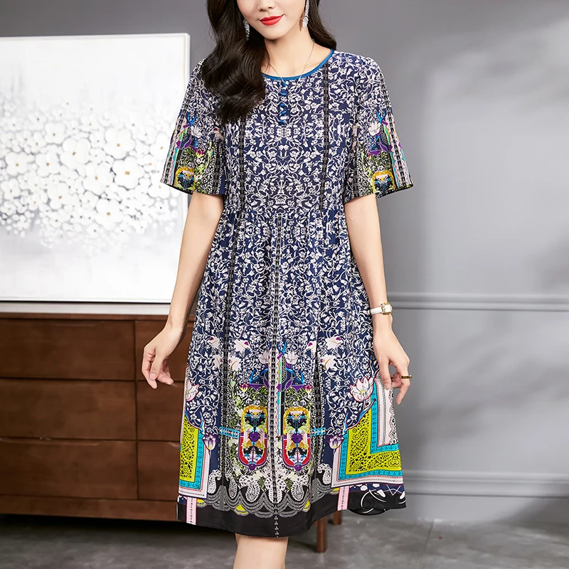 

2024 Summer Women's Vintage Print Dresses Elegant O-neck Short Sleeve Woman Midi Dress 100% Real Silk Female A-line Long Dress