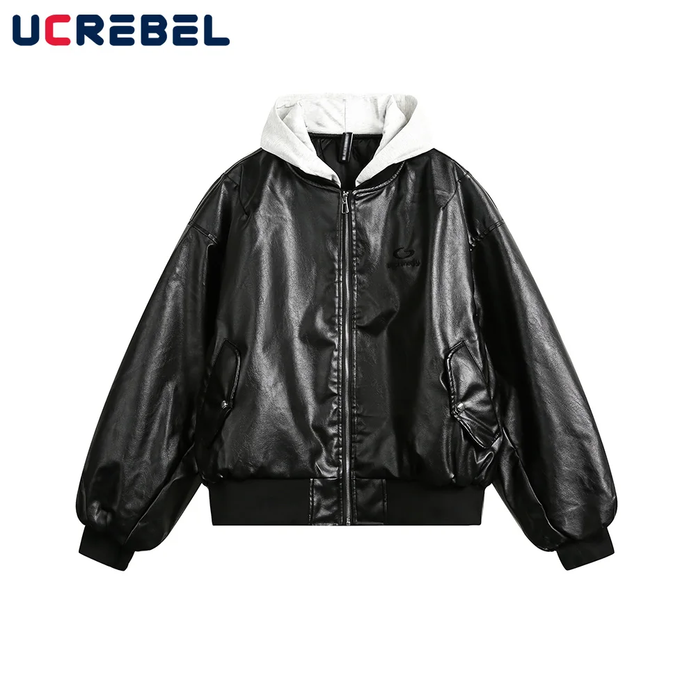 

Spliced Hooded PU Leather Quilted Jacket Mens Embroidery High Street Winter Long Sleeve Loose Outerwear Men