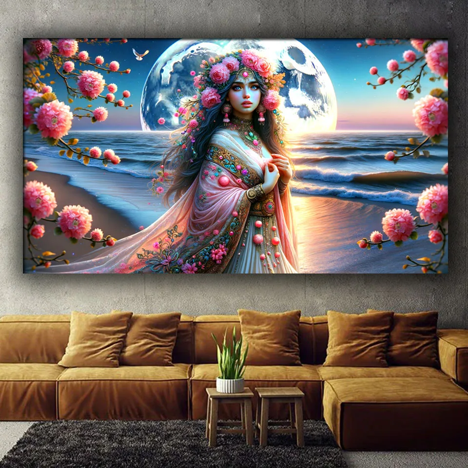 5D DIY Diamond Painting girl by the moonlit seashore Full Square Round Diamond Mosaic Embroidery For Living Room Wall Decor