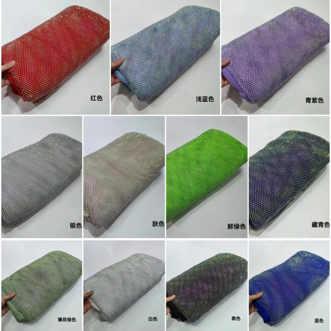 

Chunky Glitter Blue Yellow Glass Rhinestone Mesh Fabric Glass Crystal Trim Ribbon Elastic Diamond Mesh Strass Appliqu