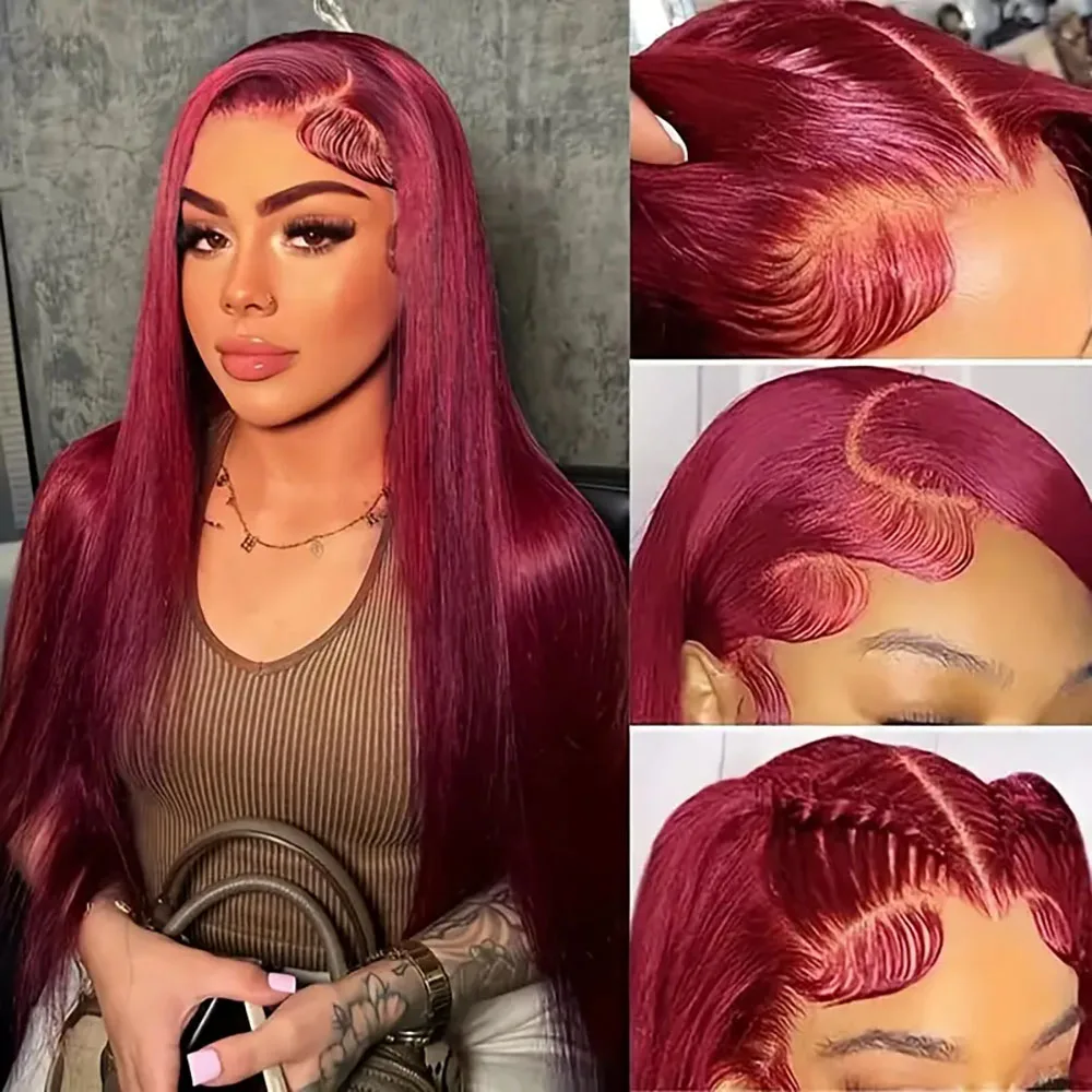 Perucas frente do laço transparente HD para mulheres, pré-arrancadas cabelo humano reto, cor Borgonha, 99J, 200 Densidade, 13x4