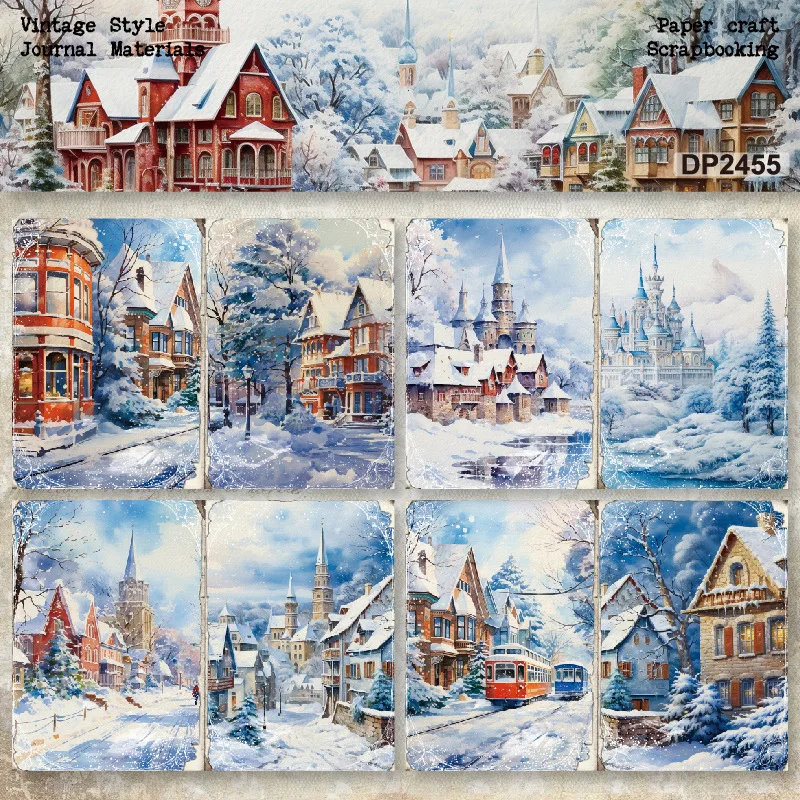 KLJUYP 8sheets A5 Size Winter House Scrapbooking patterned paper Fancy Card Pack Light weight Craft Paper Card