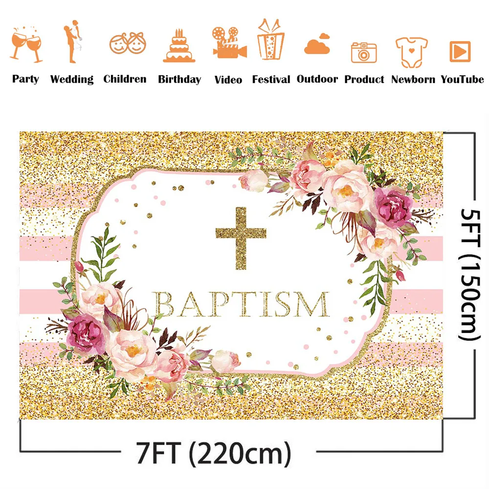 Baptism Baby Shower Backdrop Gold Glitter Dots Floral Background for picture photoshoot God Bless Photo Booth Background Studio