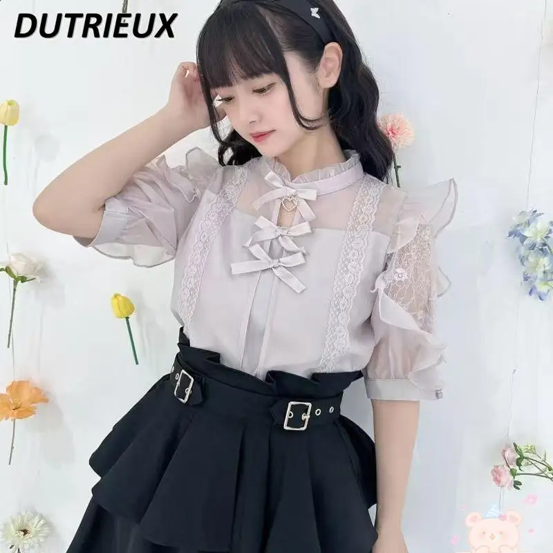 Autumn Rojita Blouse Mine Series Mass-produced Bow Solid Color Top Sweet Lace Splicing Pendant Hollow Short-sleeved Shirt