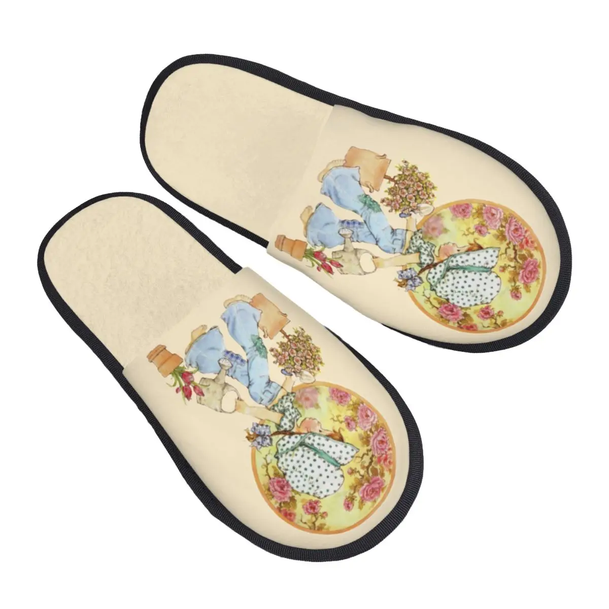 Custom Kawaii Sarah Kay Guest Slippers for Spa Women Girl Roses And Watering House Slipper