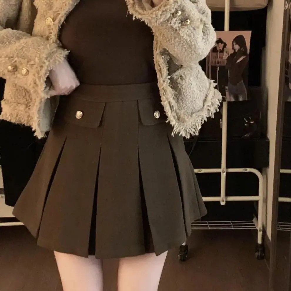 

Hsa French woolen pleated skirt autumn/winter 2023 retro fashion style Winter high waisted A-line short skirt for women