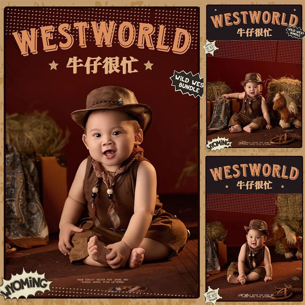 Wild West Theme Photography Props for 100 Days Baby Western Cowboy Style Costume Plush Horse Doll Studio Rustic Farm Decor Props