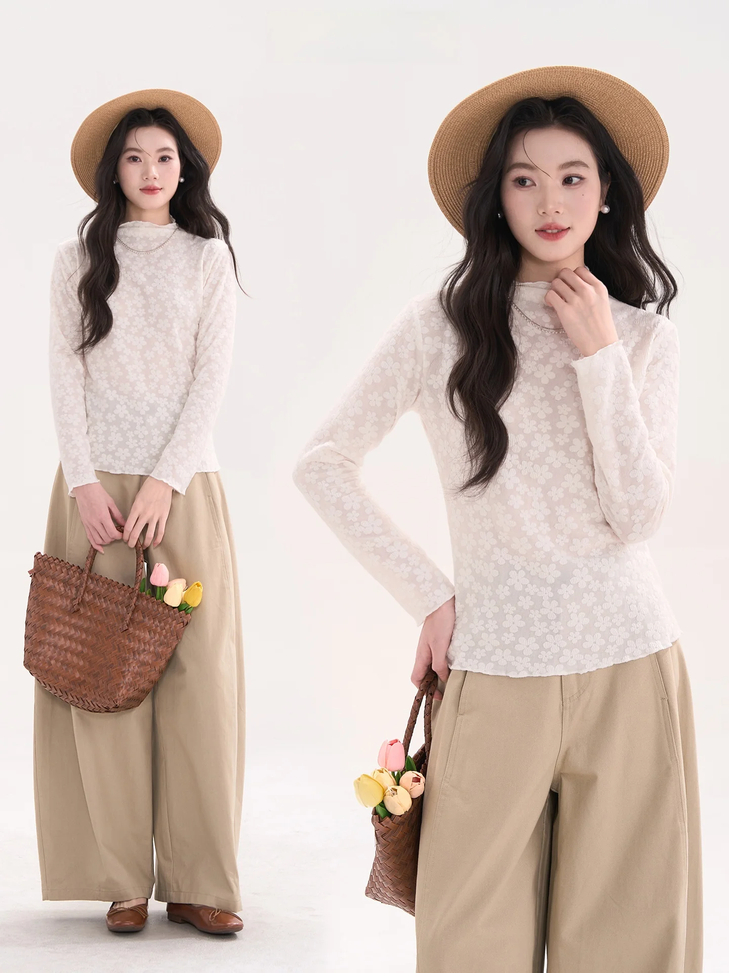 

High Collar Lace See tough Long Sve Women's Base irt Spring Early Korean Sle Loose Fit Heme Dumpling Mailbox Design