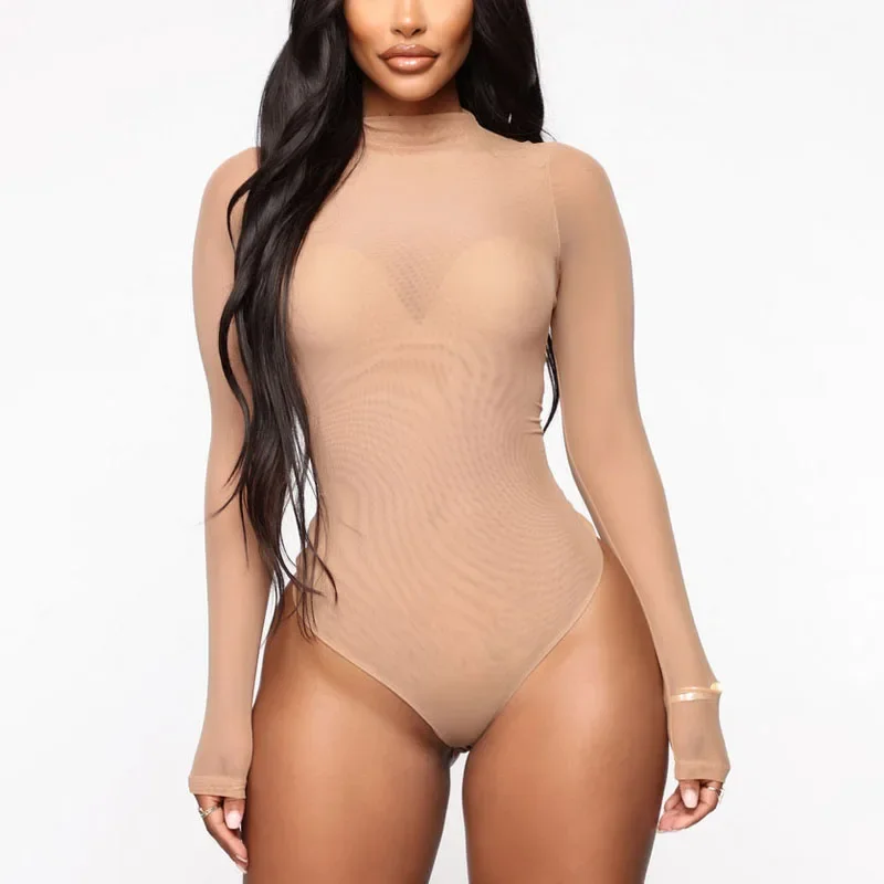 Ladies Bodysuit Women Leotard Clubwear Long Sleeve Romper Fashion Sheer Thongs Stretch Underwear Tight Leotard