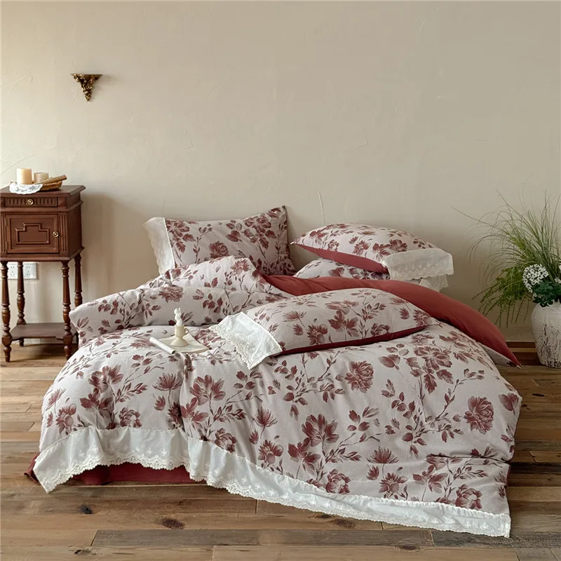 Luxury French Retro Lace 100% Cotton Bedding Set Queen King Duvet Cover Bed Sheet/Fitted Sheet Pillowcases 4Pc