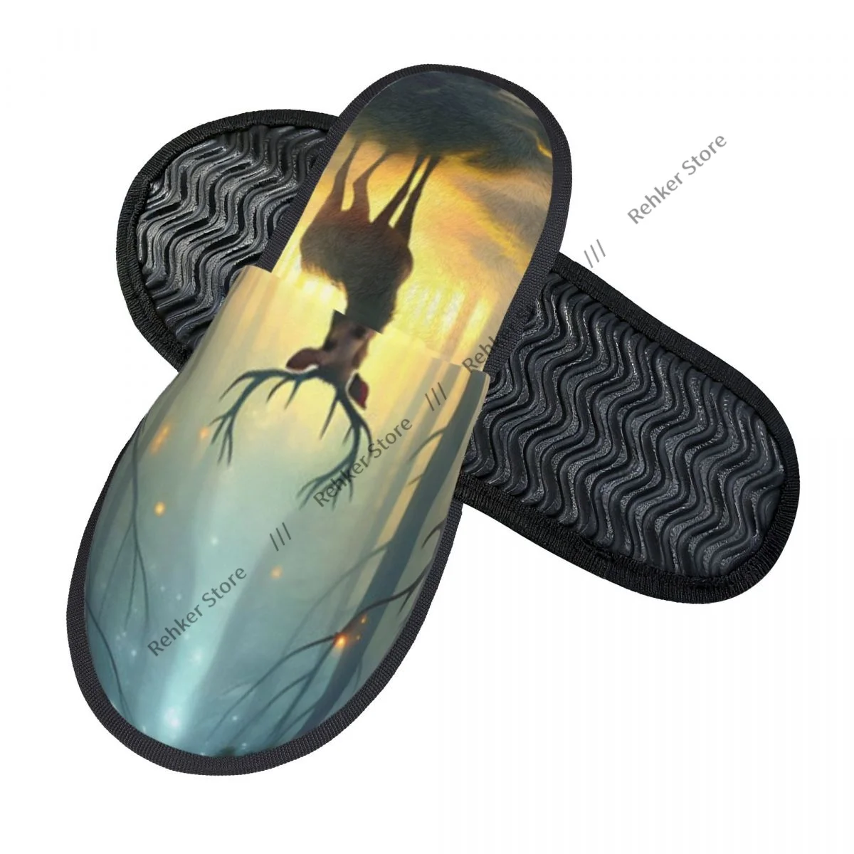 Majestic Deer Stands In Magical Forest Indoor Slippers Furry Slipper Winter Home Shoes House Flat Closed Toe Slides Flip Flops