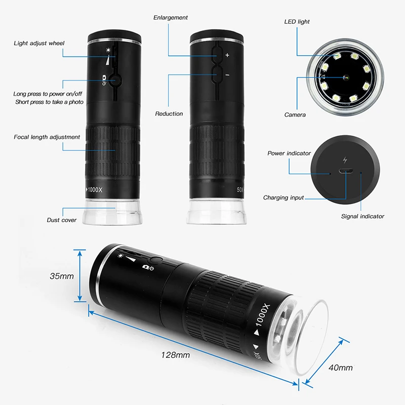 Microscope numérique sans fil 50X-1000X Grossissement Microscopes USB portables avec support flexible pour iPhone Android PC