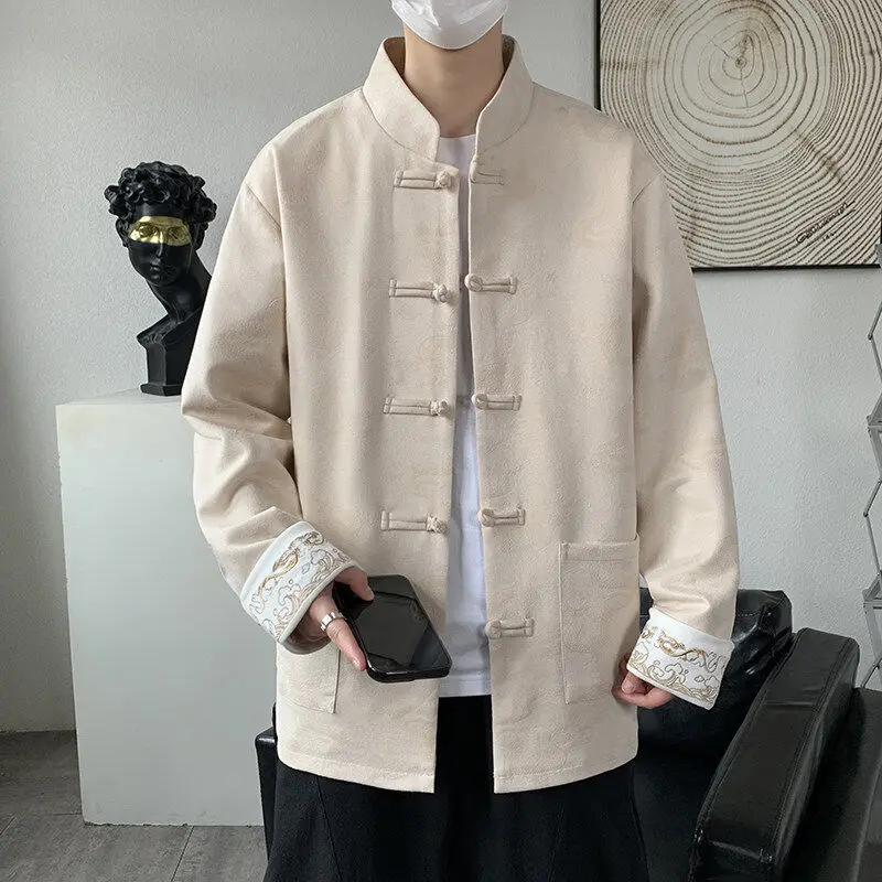 

Chinese Sle Men's Jaet Youth Traditional Costume Coat Button up Outerwear Busin Gentleman Stand Fit Four Seasons