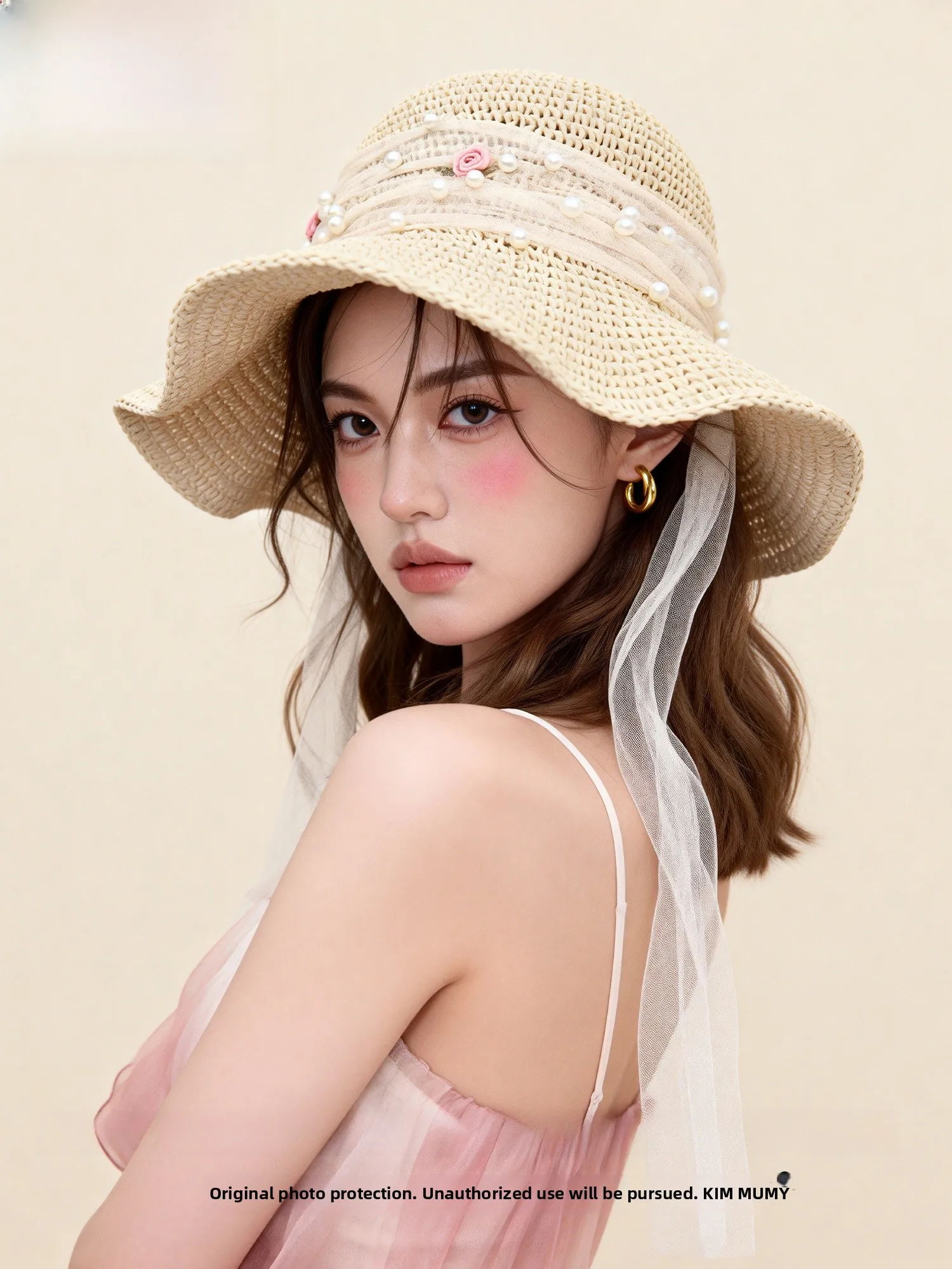 kimmumy-甘い花柄パール麦わら帽子女性夏レースサッシュビーチ休暇漁師帽子通気性調節可能な大きなつば帽子
