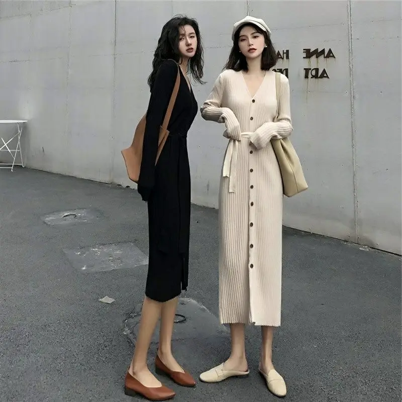 

Female Long Knitted Women Sweater Dresses Autumn Elegant Warm Maxi Midi Pleated Rib Party Vestidos G774