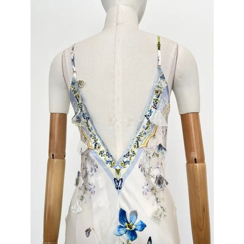 Cut Out Waist Halter Midi Dress for Holiday New High Quality Silk Blue Floral Print Sleeveless