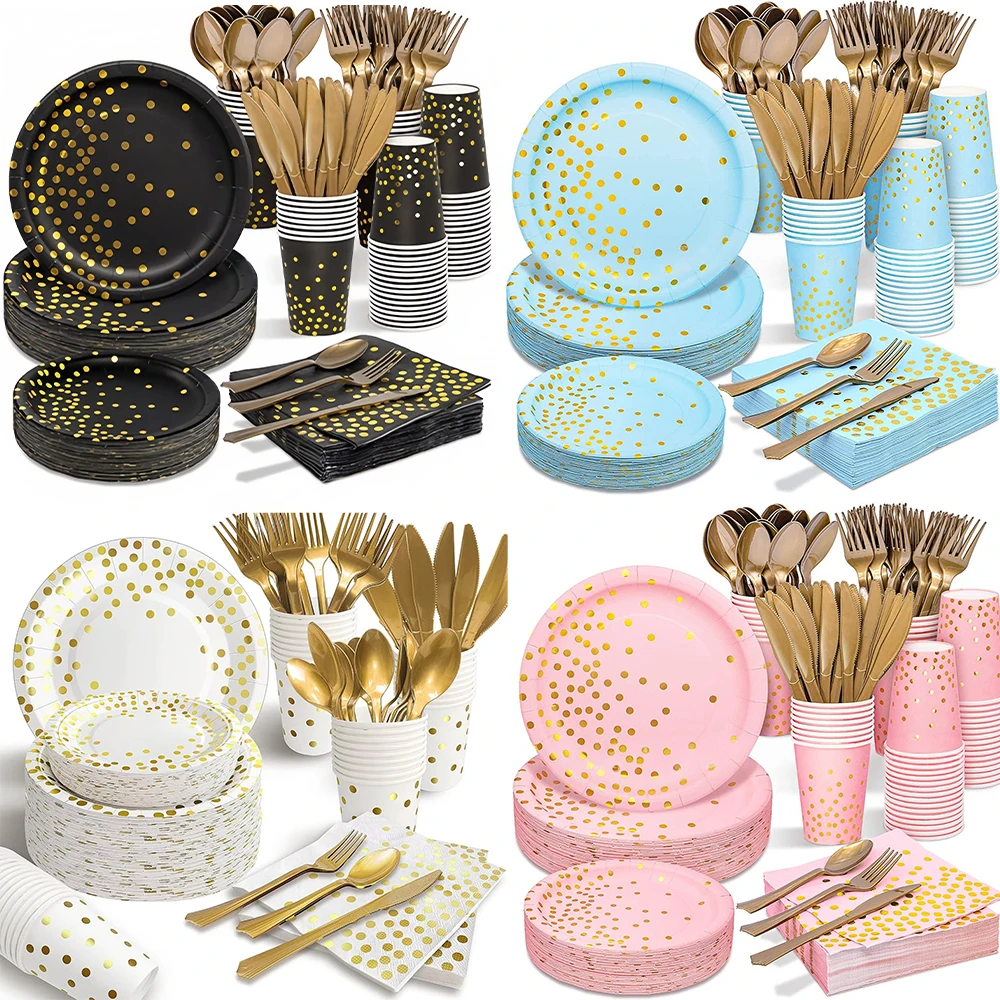 Artículos para Fiestas de Cumpleaños en Rosa, Azul, Negro, Blanco y Dorado, Decoración para Fiestas de Cumpleaños, Servilletas, Platos, Vasos, Mantel para Cumpleaños y Bodas
