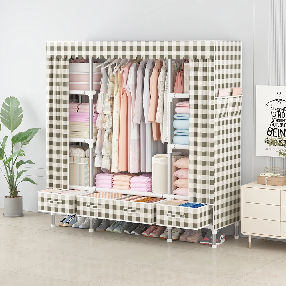 Waterproof Double Rod Non - Woven Storage: Durable, Minimalist Fabric Wardrobe with Ample Space & High Practicality