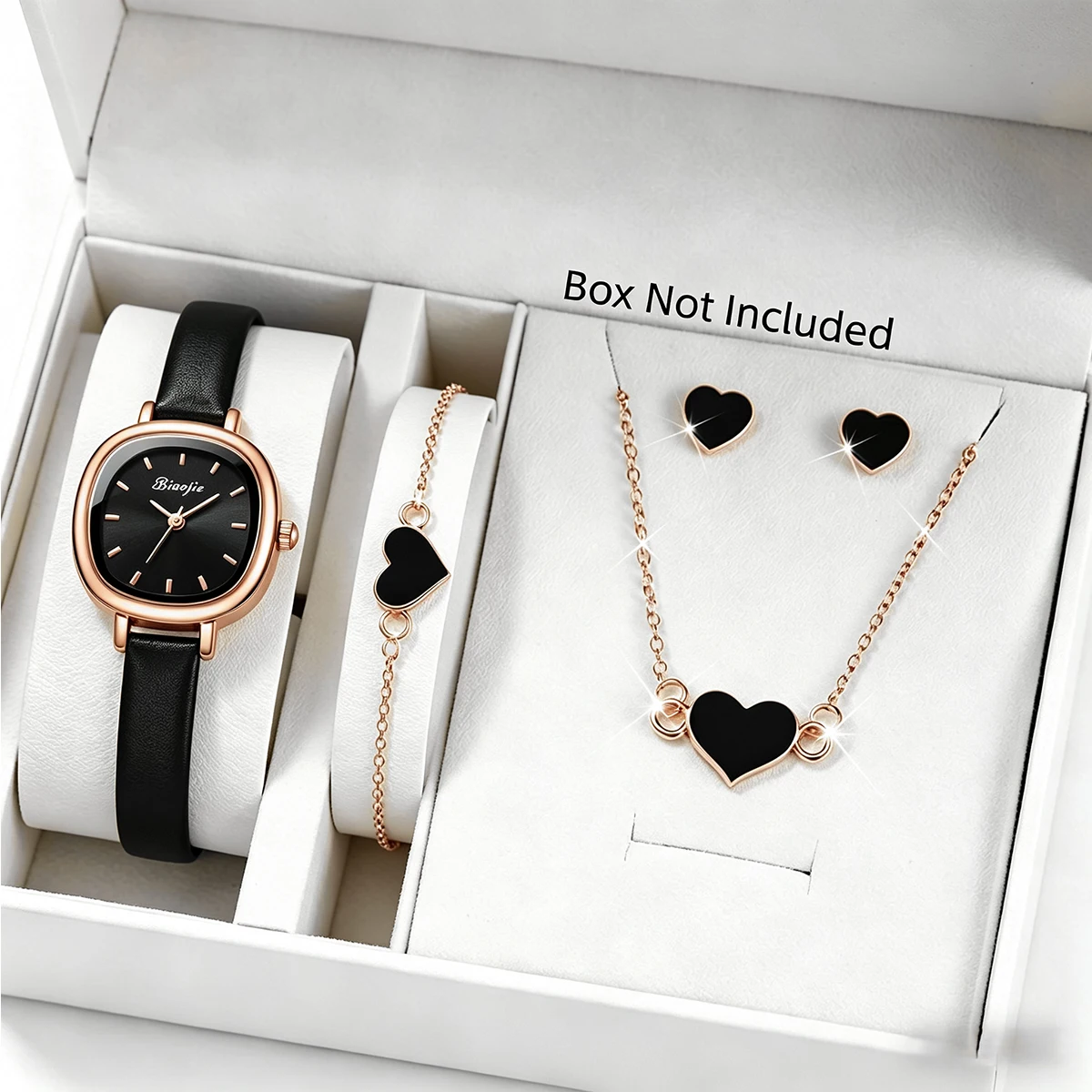 4Pcs Black Heart Jewelry Set Women Square Black Leather Quartz Watch Gift Kit