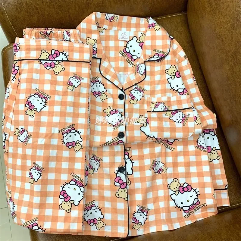 Cartoon Anime Sanrio Hello Kitty Printing Ladies Pajamas Spring Autumn Loose Casual Long-sleeved Trousers Homewear Two-piece Set