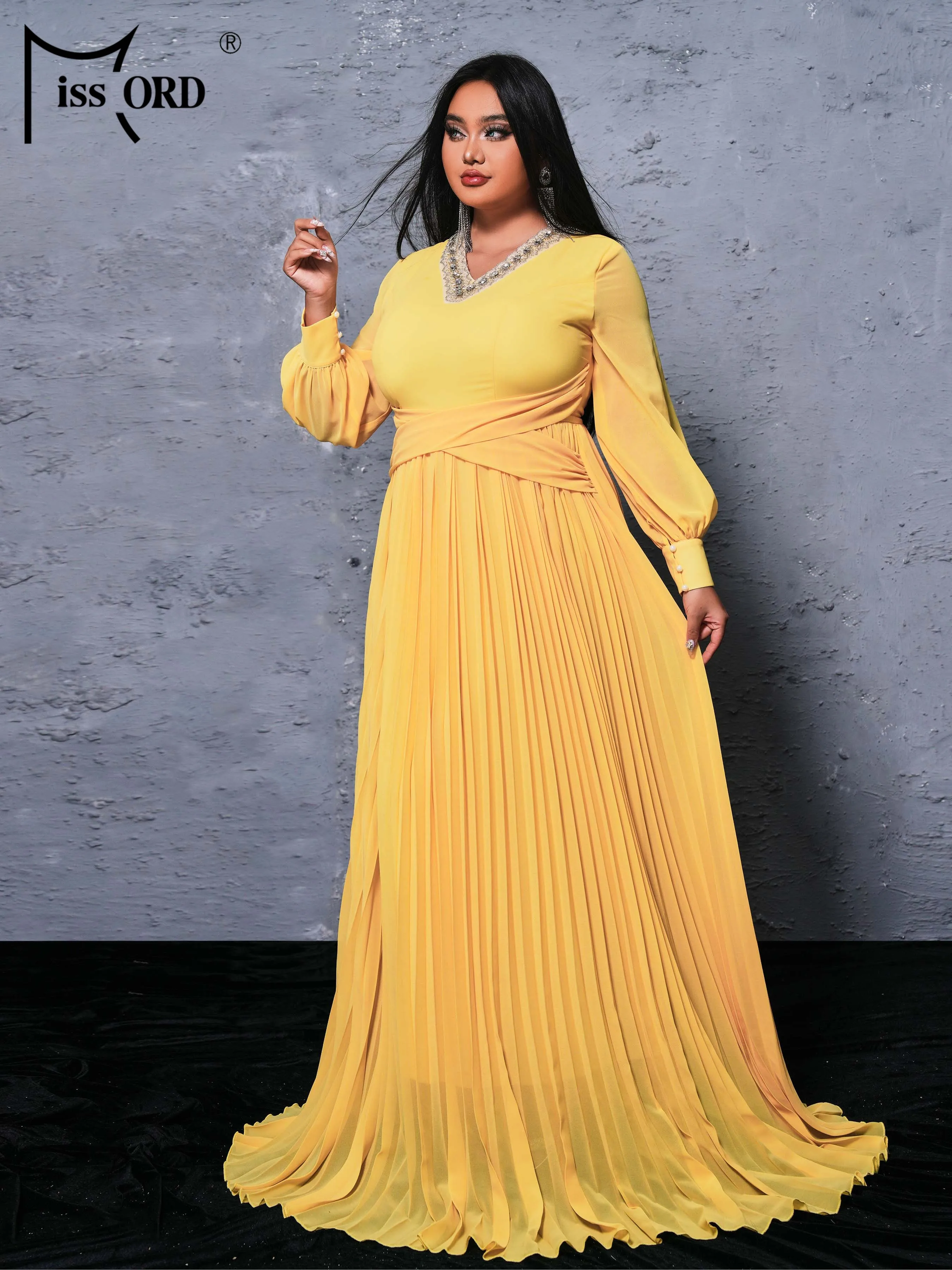 Missord 2024 Plus Size Party Dresses Women Large Size Evening Dress V-neck Yellow Elegant Long A Line Dress