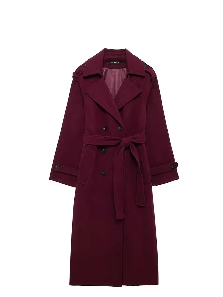 HH Female Autumn Elegant Oversize Burgundy Windbreaker Long Sleeves Lapel Double Breasted With Belt Commute Outerwear Coat