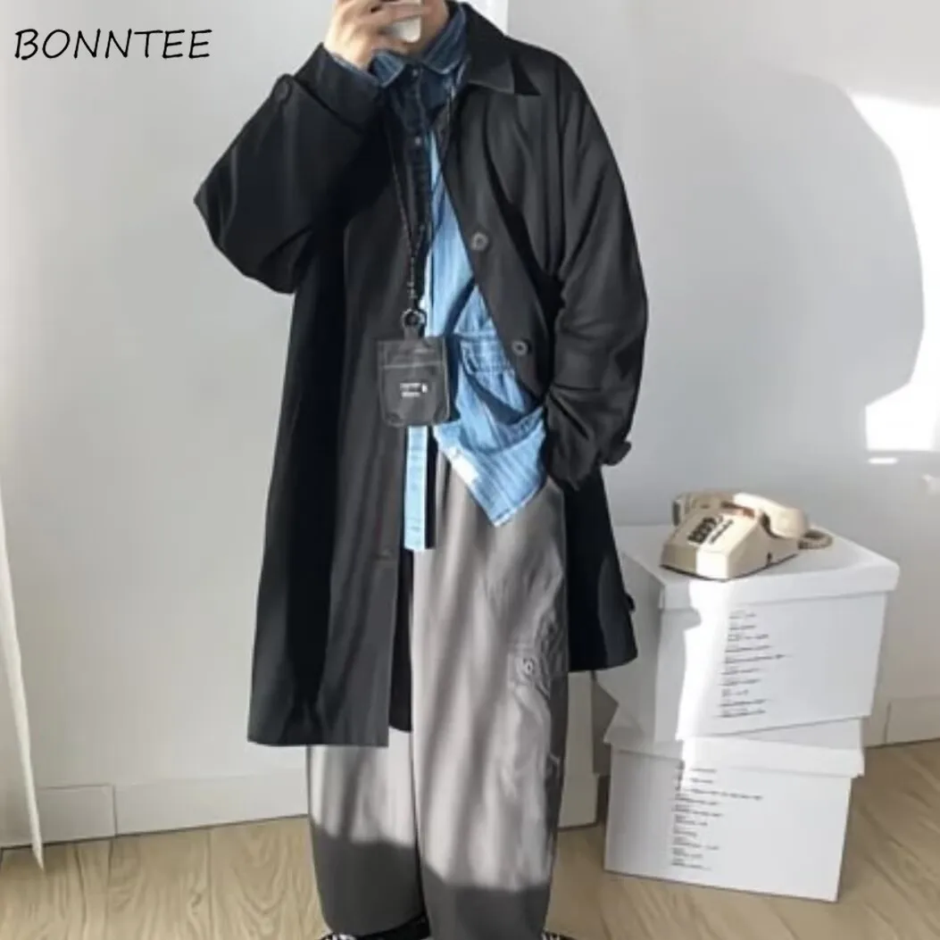 

Простой мужской плащ-тренч с отложным воротником, однобортный, в стиле Харадзюку, универсальный повседневный свободный пальто-куртка для уличного стиля