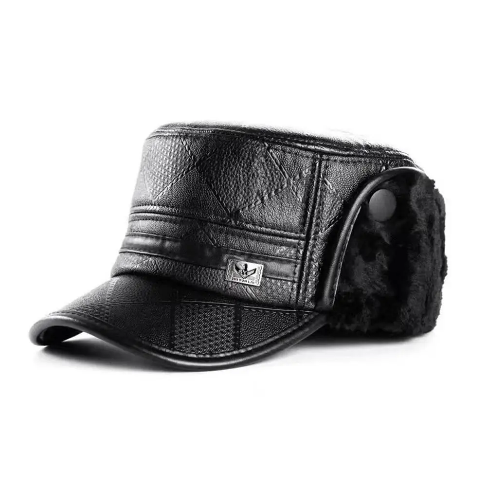 Warm Fleece Lined Winter Hat for Middle Aged And Elderly Men Ear Protection Duckbill Cap Dad Grandpa Leather Hat Bone Caps