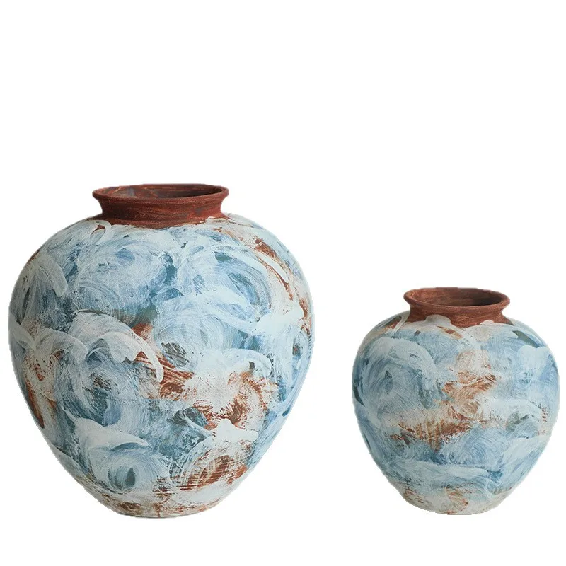 Chinese Classical Art Hand-painted Wave Vase Dried Flower Storage Hand-painted Blue Planet Coarse Pottery Jar Decorative Home