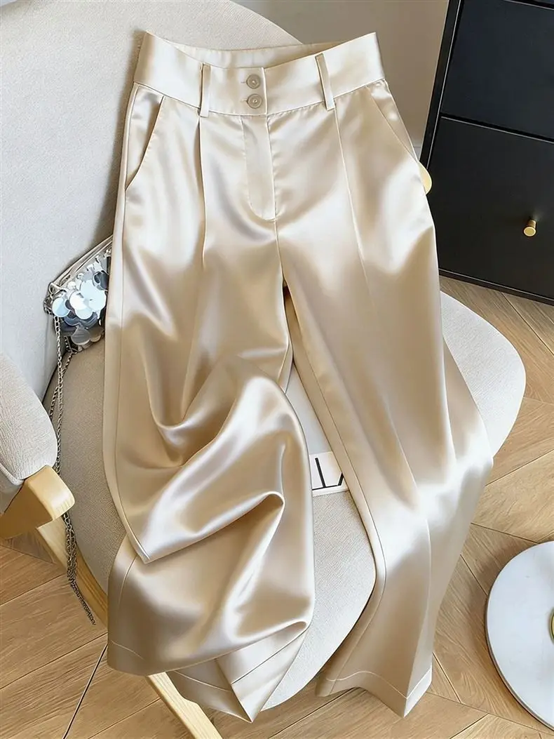 Silk Women's Pants Solid Color Champagne Ladies with Wide Leg Pants New High Waist Breathable Satin Summer Suit Women's Pants