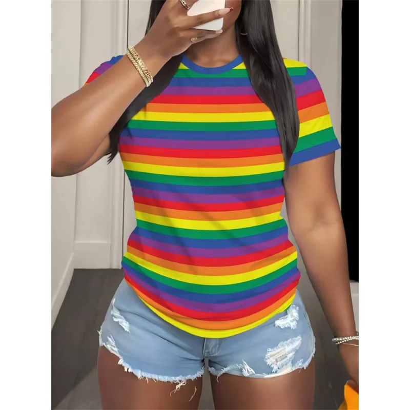 3D retro colorful striped printed casual top, women's short sleeved round neck casual versatile T-shirt