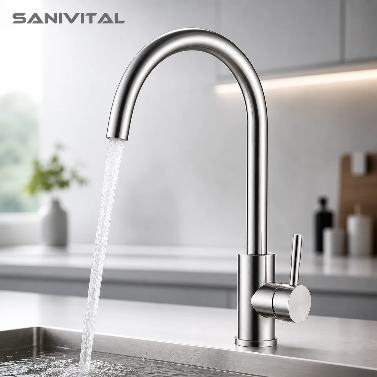 

SANIVITAL 304 Stainless Steel Kitchen Faucet Single Handle High Arc 360° Rotating Mixer Tap for Kitchen Sink Rv Faucet