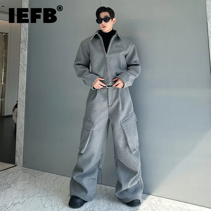 IEFB Niche Design Men\'s Two-piece Sets Turn-down Collar Zipper Jackets Big Pockets Straight Leg Male Pants Personalized 9C8185