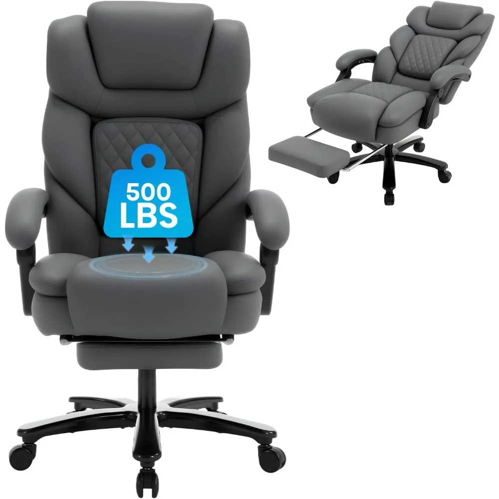 

Big Tall Reclining Office Desk Chairs with Footrest Back Support Wide Seat PU Leather Heavy Duty Grey Recliner Managerial Execut
